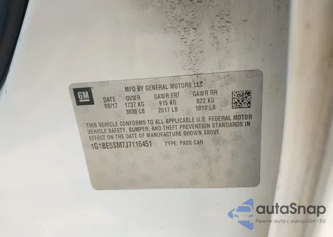 2018 Chevrolet Cruze Lt Auto z USA, uszkodzony, nr VIN 1G1BE5SM7J7116451